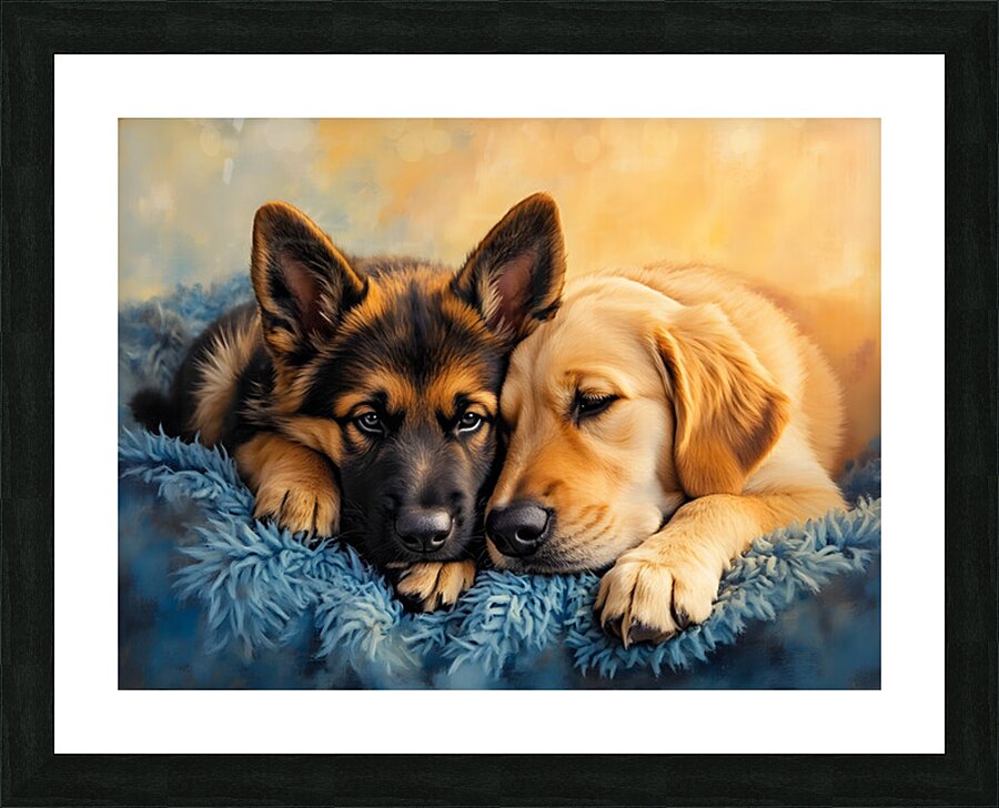 German Shepherd Puppy Snuggles With Golden Friend Picture Frame print