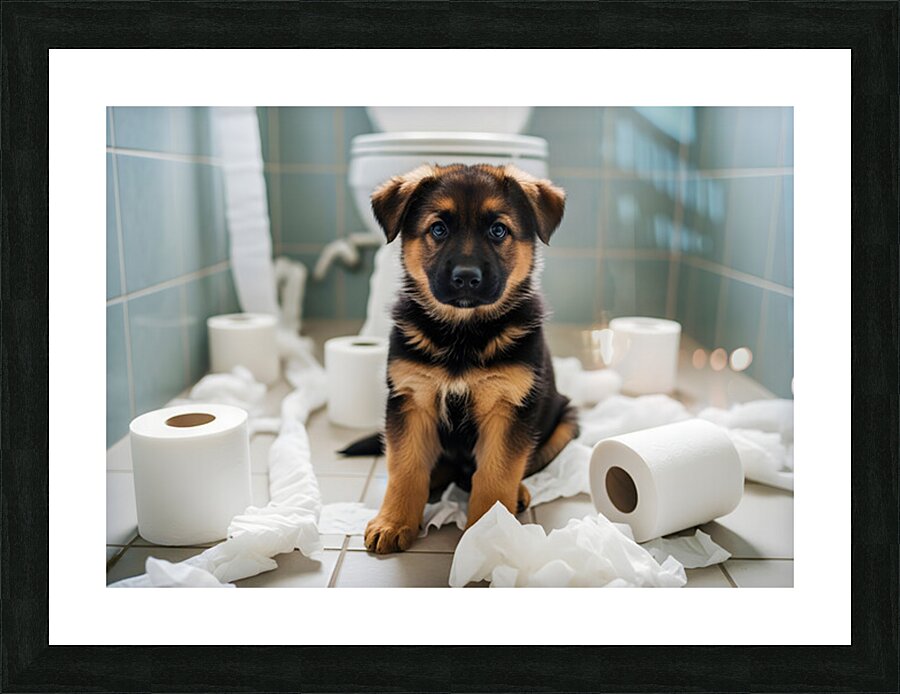 German Shepherd Puppy Discovers Bathroom Treasure Picture Frame print
