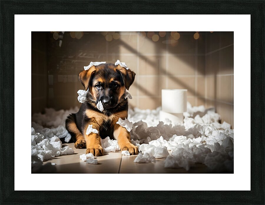 German Shepherd Puppy Sits Among Paper Destruction Picture Frame print