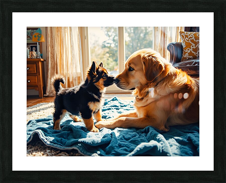 German Shepherd Puppy Meets Big Golden Friend Picture Frame print