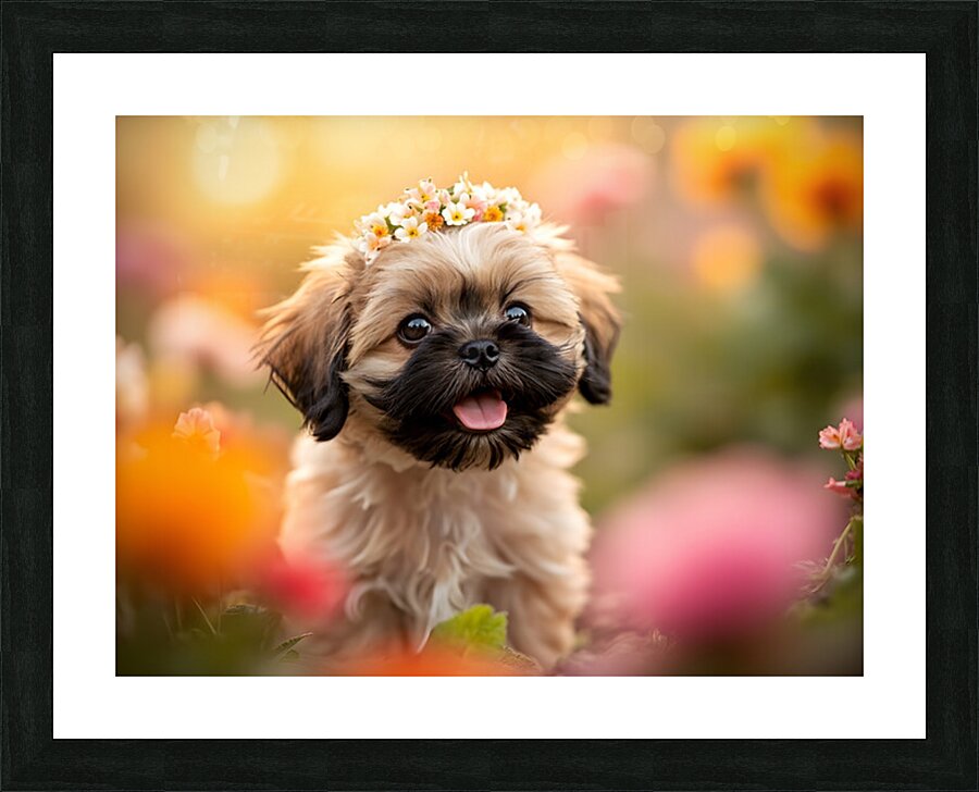 Shih Tzu Puppy Discovers Beautiful Flower Crown Picture Frame print