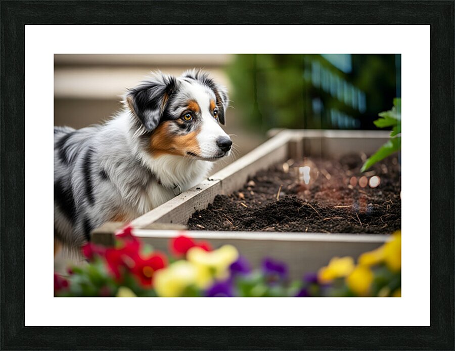 Australian Shepherd Puppy Discovers The Garden Bed Picture Frame print