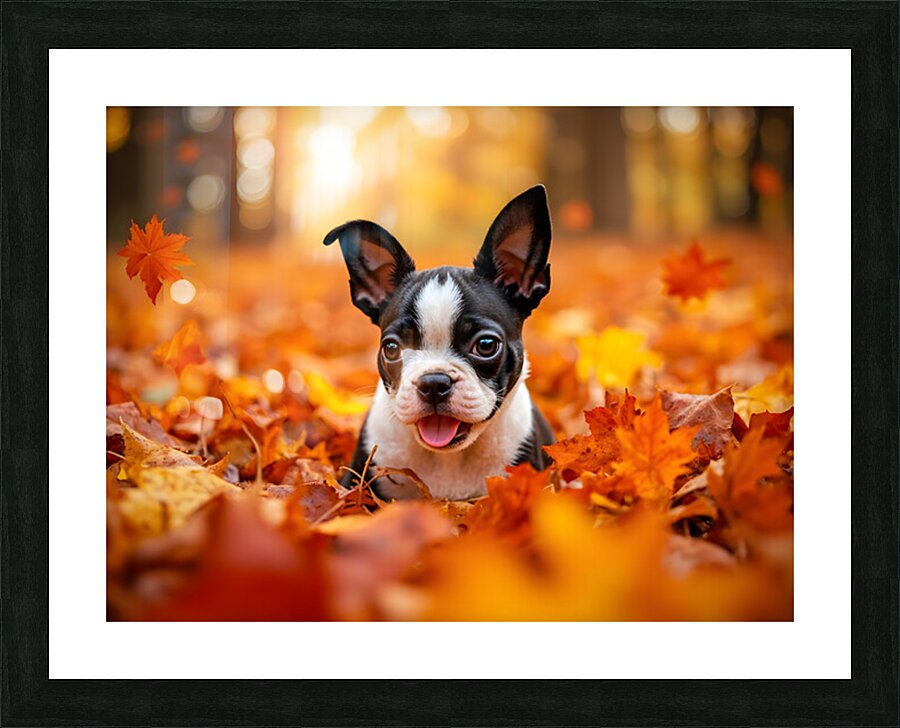 Boston Terrier Puppy Discovers Autumn Leaf Pile Picture Frame print