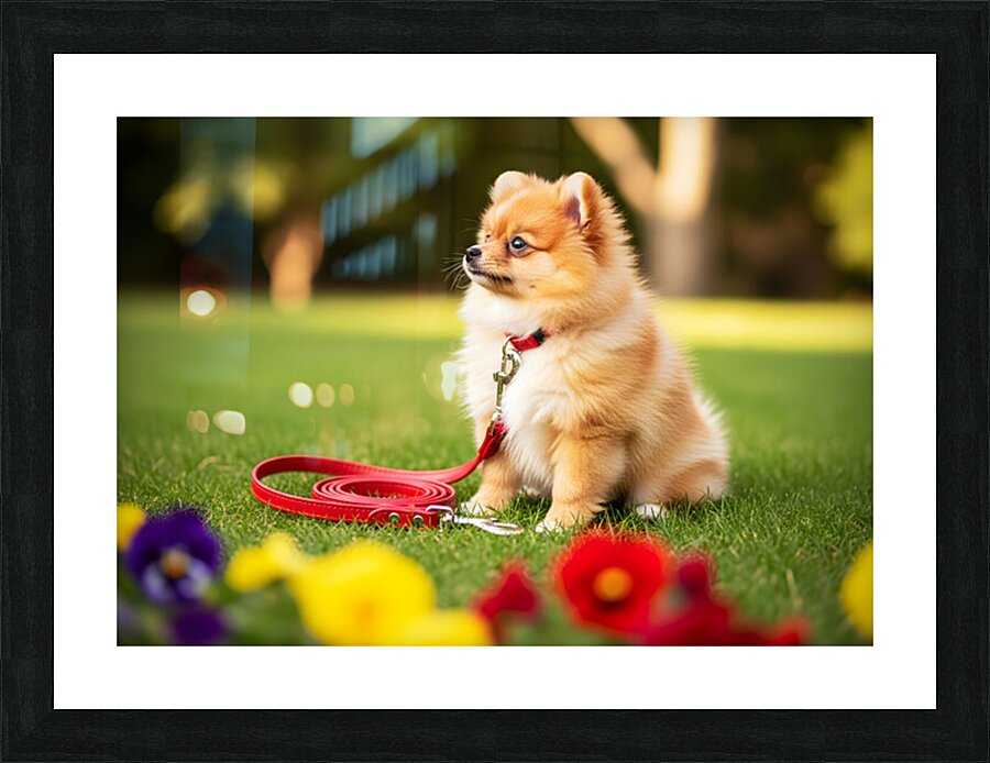 Pomeranian Puppy Discovers New Red Leash Picture Frame print