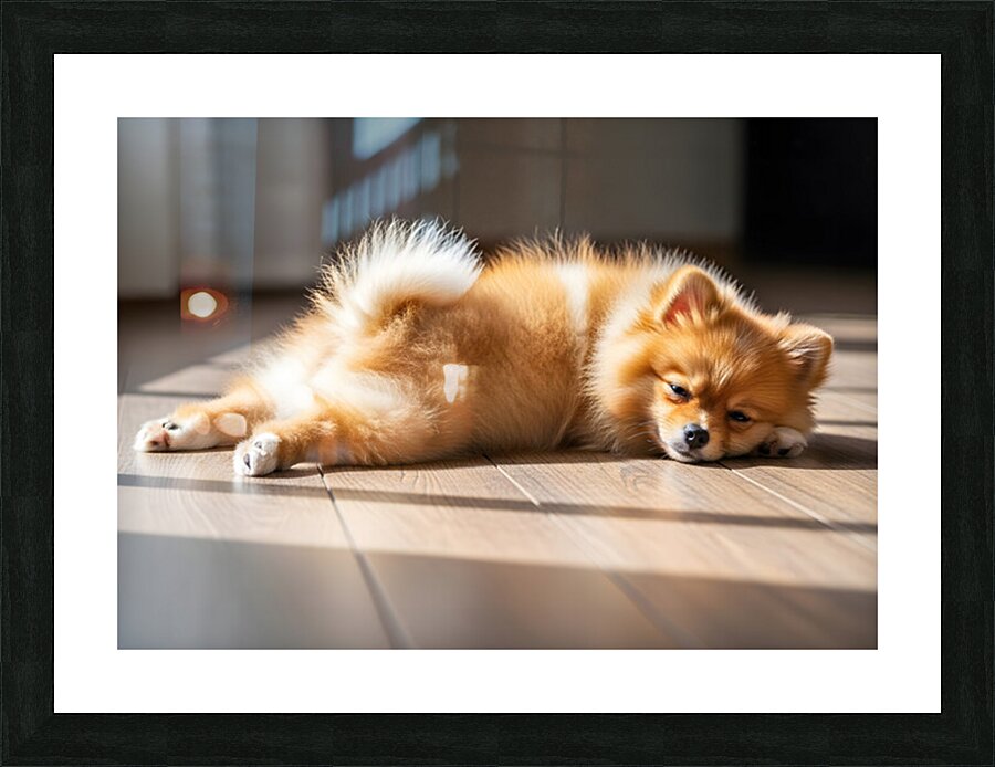Pomeranian Puppy Discovers The Perfect Sploot Position Picture Frame print