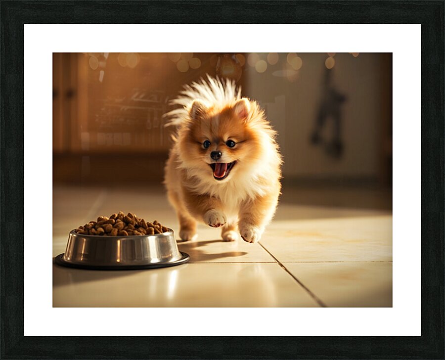 Excited Pomeranian Puppy Celebrates Full Food Bowl Picture Frame print