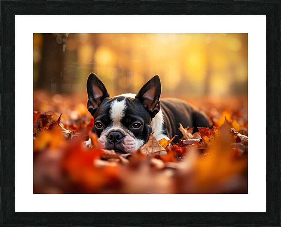 Sleepy Boston Terrier Puppy Rests In Autumn Leaves Picture Frame print