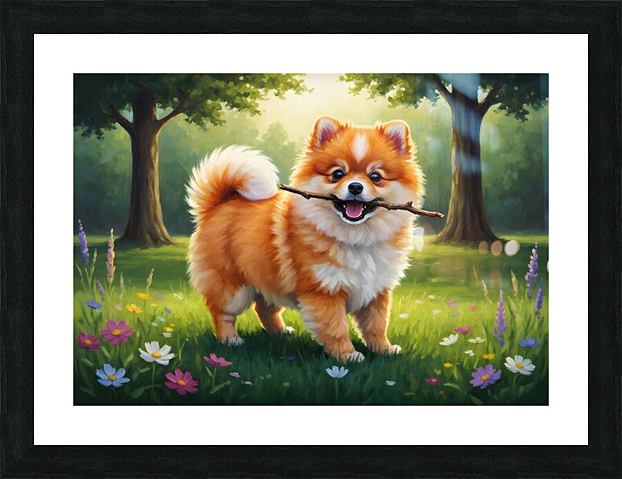Pomeranian Puppy Discovers Perfect Stick Picture Frame print