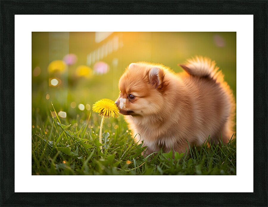 Pomeranian Puppy Discovers Yellow Dandelion In Meadow Picture Frame print