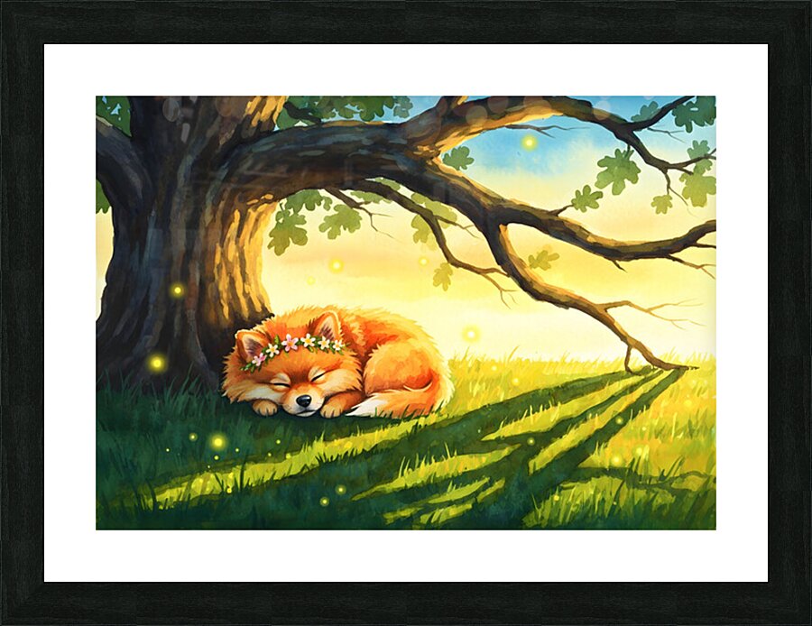 Pomeranian Puppy Sleeps Under Oak Tree At Sunset Picture Frame print