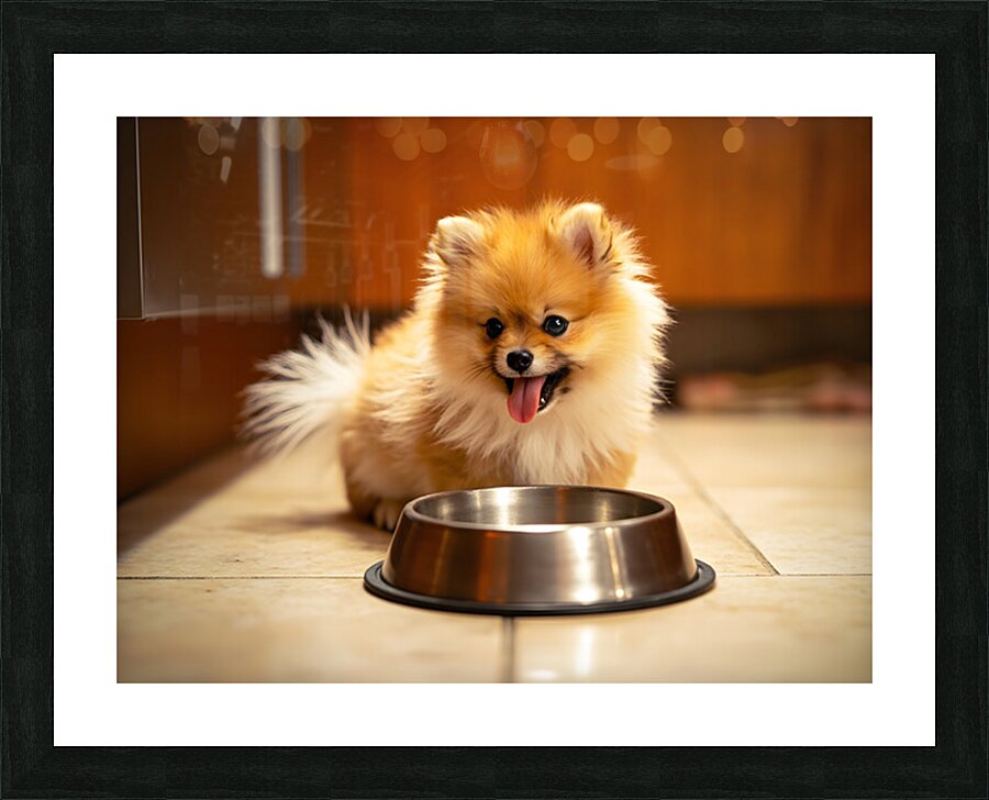 Pomeranian Puppy Waits By Empty Food Bowl Picture Frame print