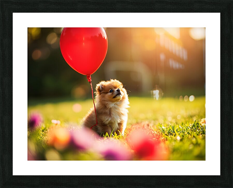 Pomeranian Puppy Discovers Floating Red Balloon Picture Frame print