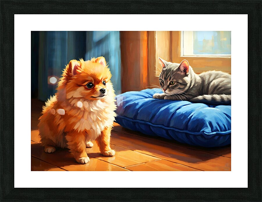 Pomeranian Puppy Discovers New Friend Picture Frame print