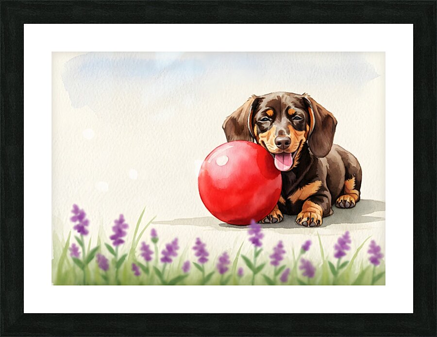 Exhausted Dachshund Puppy Rests Beside The Giant Ball Picture Frame print