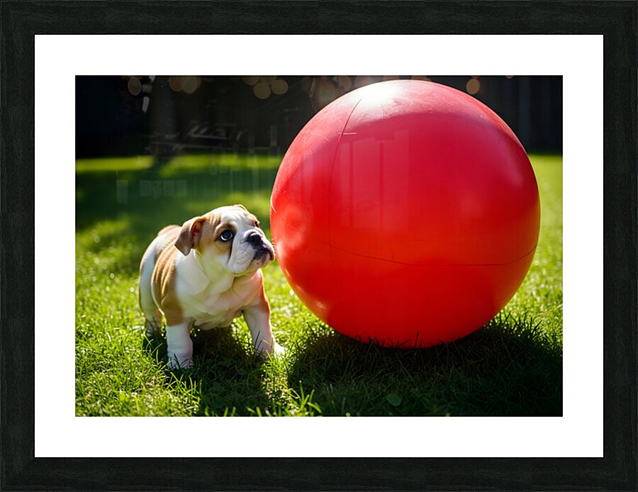 Bulldog Puppy Discovers Giant Red Ball Picture Frame print