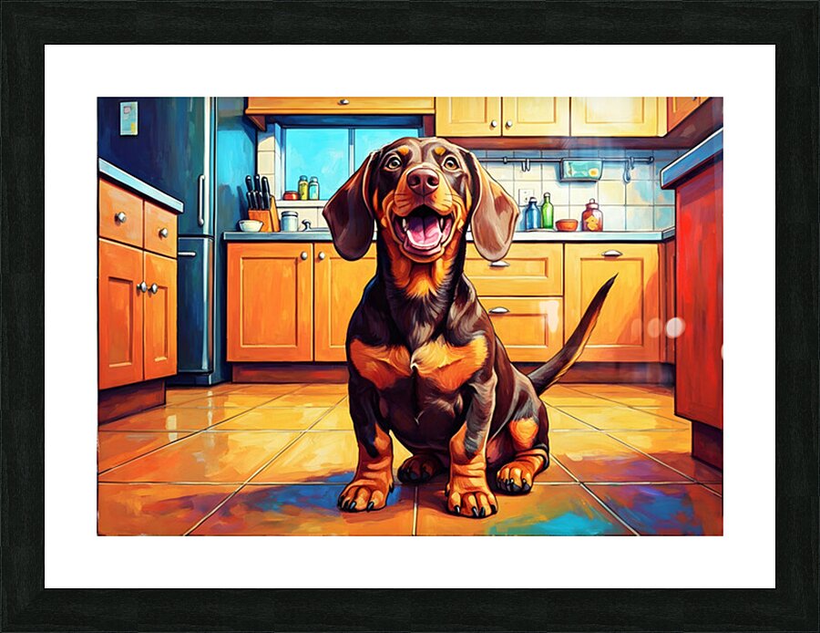 Happy Dachshund Puppy After Getting Delicious Treat Picture Frame print