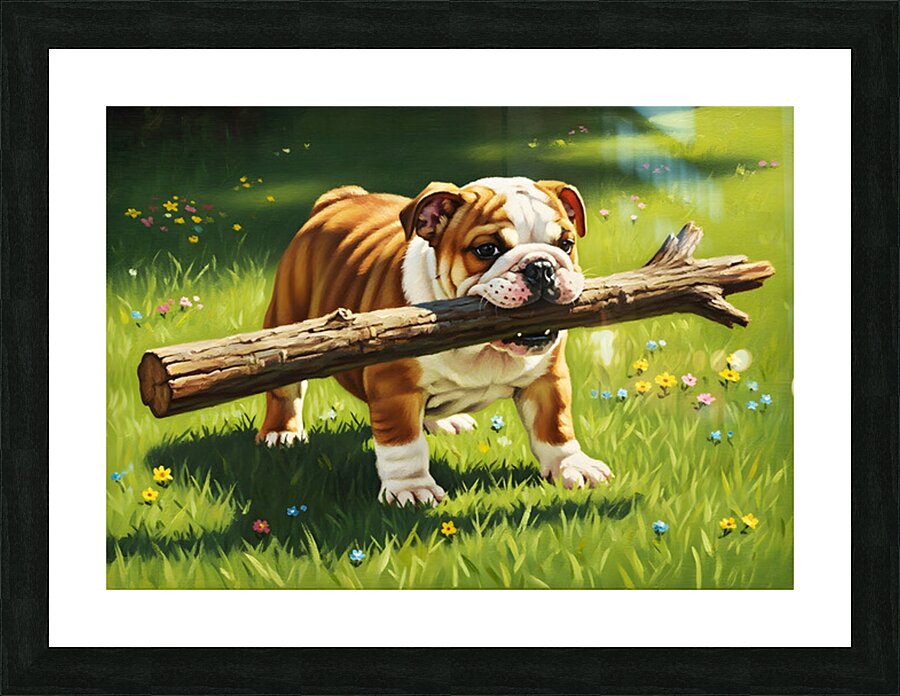 Bulldog Puppy Finds Big Wooden Stick Picture Frame print