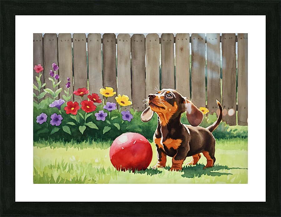 Dachshund Puppy Discovers Giant Red Ball Picture Frame print