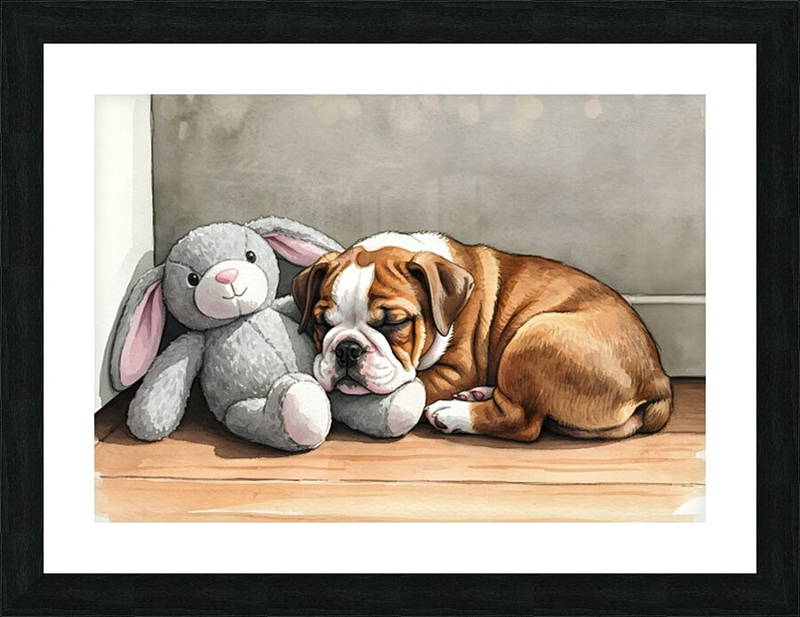 Bulldog Puppy Naps With His Beloved Rabbit Friend Picture Frame print
