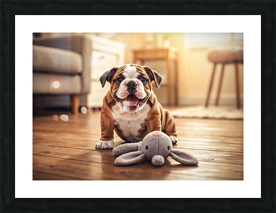 Bulldog Puppy Discovers New Plush Rabbit Friend Picture Frame print