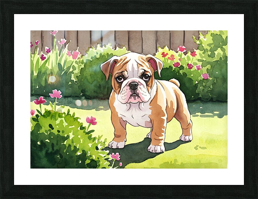 Bulldog Puppy Explores The Garden Alone Picture Frame print