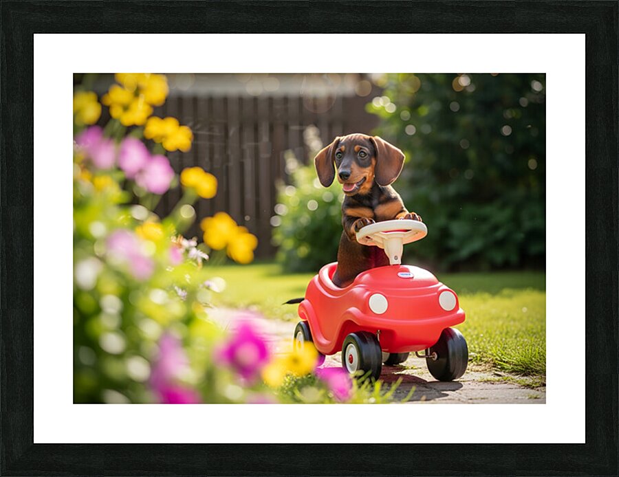 Dachshund Puppy Ready For Adventure In Red Toy Car Picture Frame print