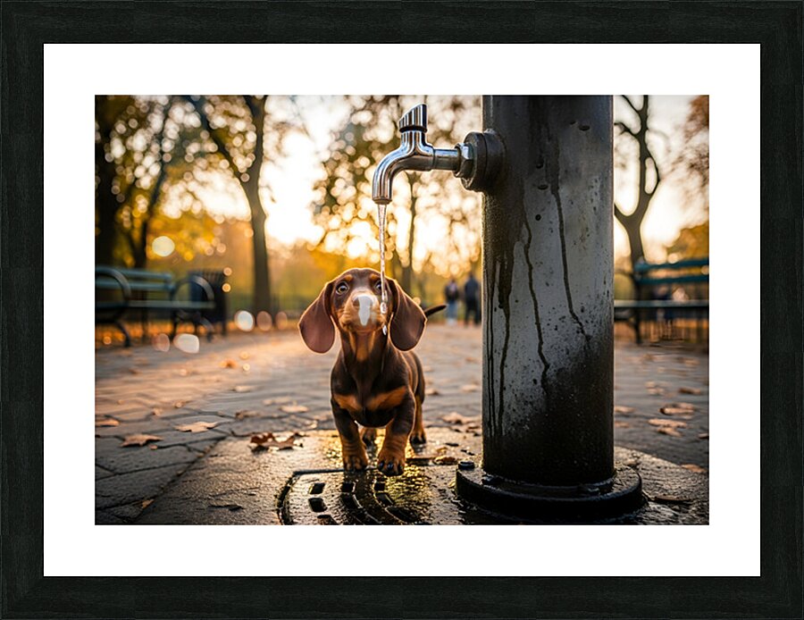 Dachshund Puppy Discovers Water Fountain Picture Frame print