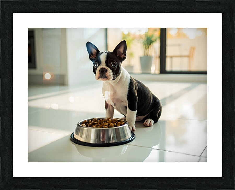 Boston Terrier Puppy Discovers Dinner Time Picture Frame print
