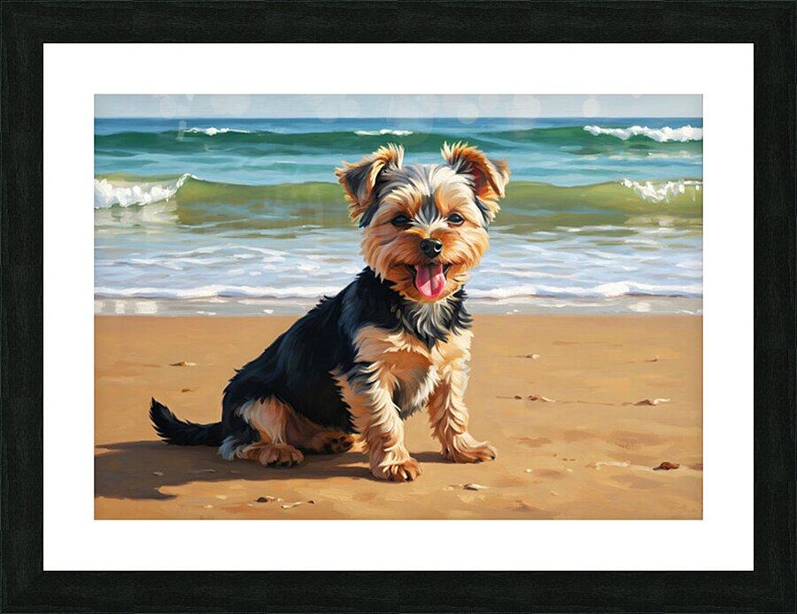 Tired Yorkshire Terrier Puppy Rests On Beach Picture Frame print