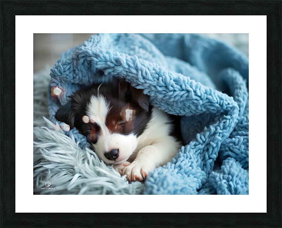 Border Collie Puppy Dreams Under Soft Blanket Picture Frame print
