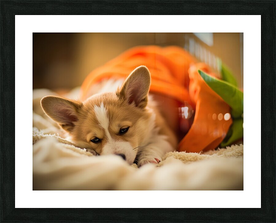 Sleepy Corgi Puppy Rests After Halloween Costume Adventure Picture Frame print