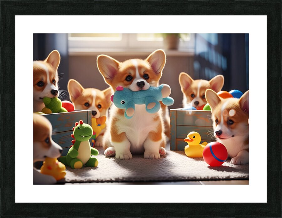 Happy Corgi Puppy Enjoys New Plush Toy Friend Picture Frame print