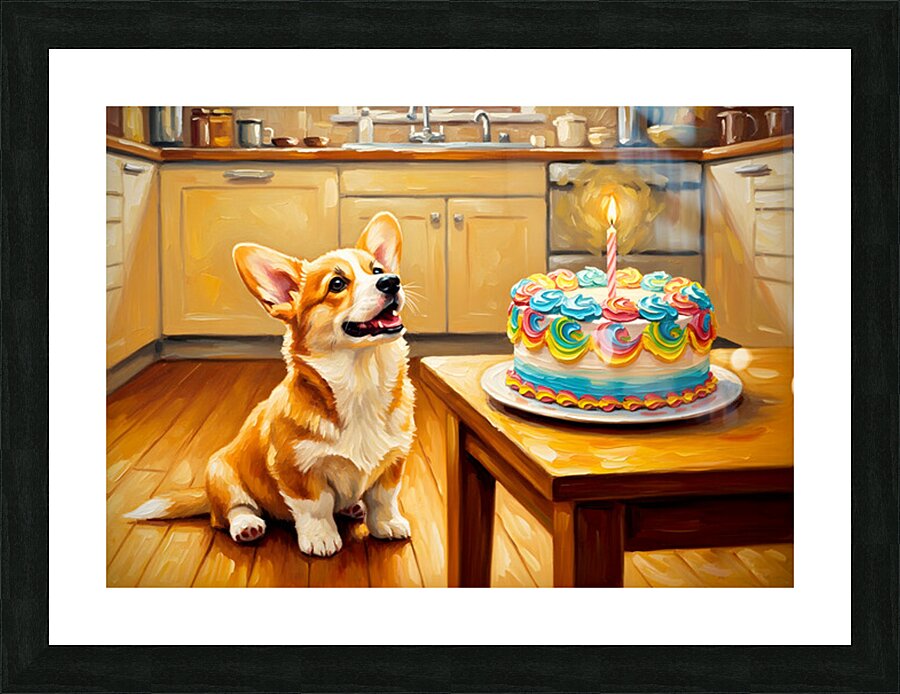 Corgi Puppy Discovers Birthday Cake Picture Frame print
