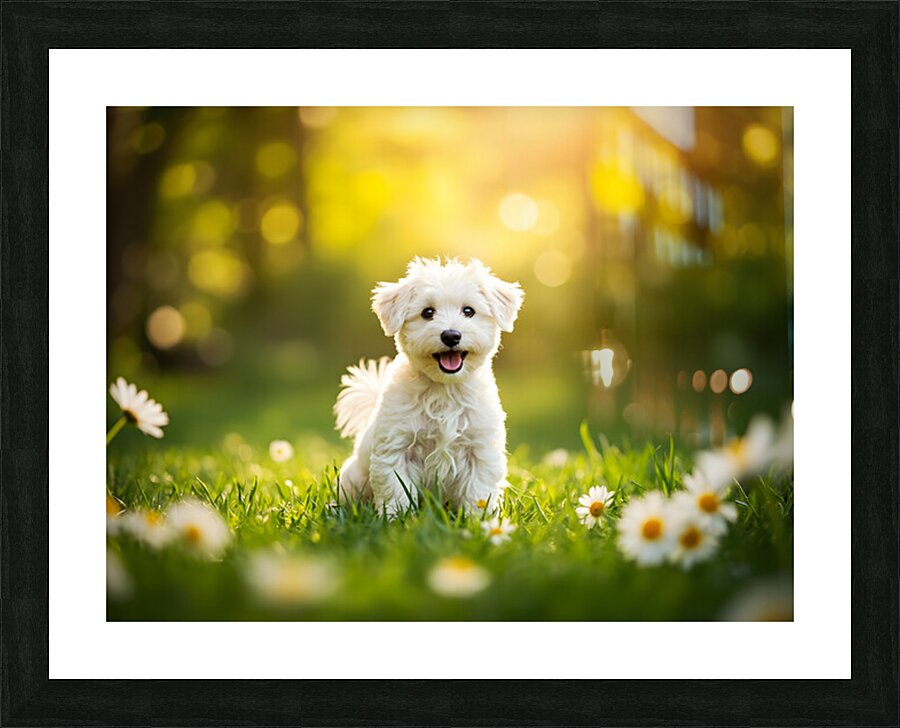 Proud Bichon Puppy Celebrates Successful Stay Training Picture Frame print