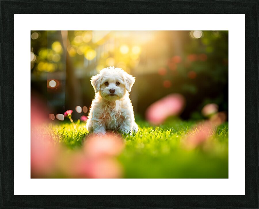 Bichon Puppy Begins Stay Training In Garden Picture Frame print