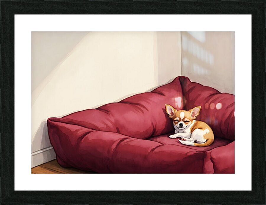 Sleepy Chihuahua Puppy Naps In Corner Of Giant Bed Picture Frame print