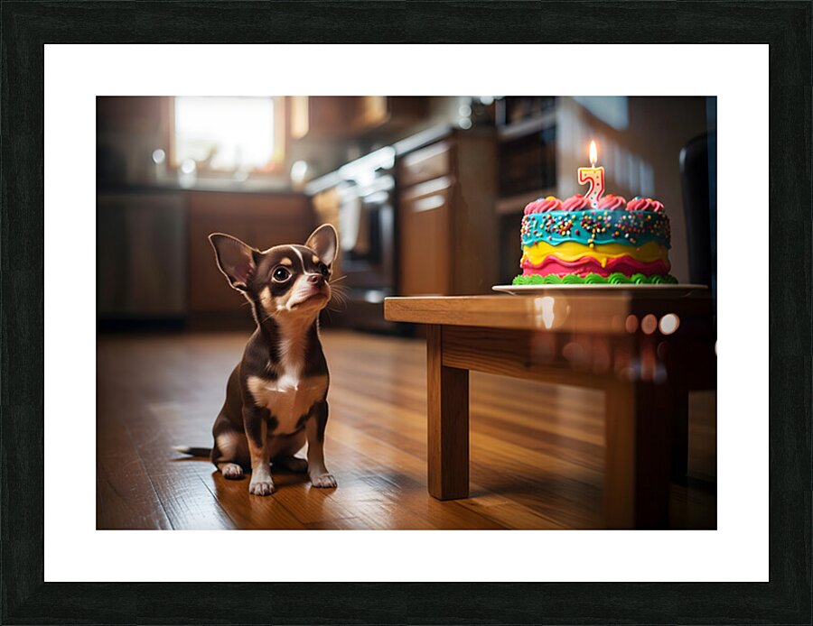 Chihuahua Puppy Discovers Birthday Cake Picture Frame print