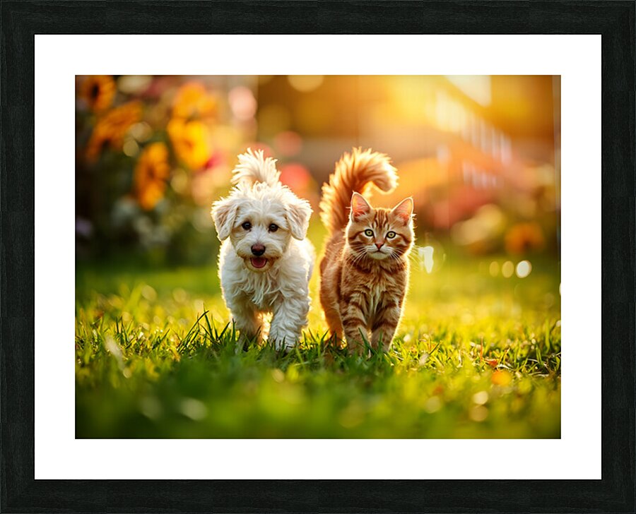 Bichon Frise Puppy And Cat Walk Together As Friends Picture Frame print
