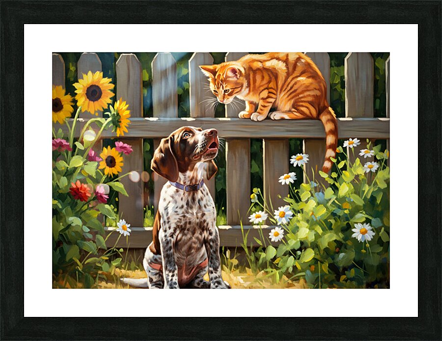 German Shorthaired Pointer Puppy Meets Garden Cat Picture Frame print