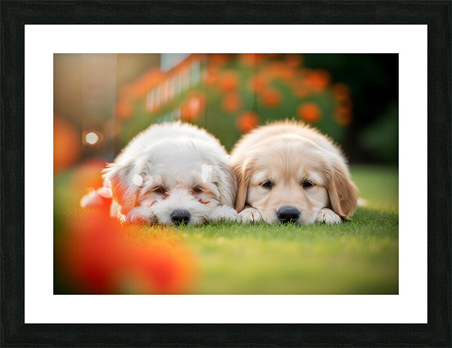 Tired Bichon Frise Puppies Resting After Playing In The Garden Picture Frame print