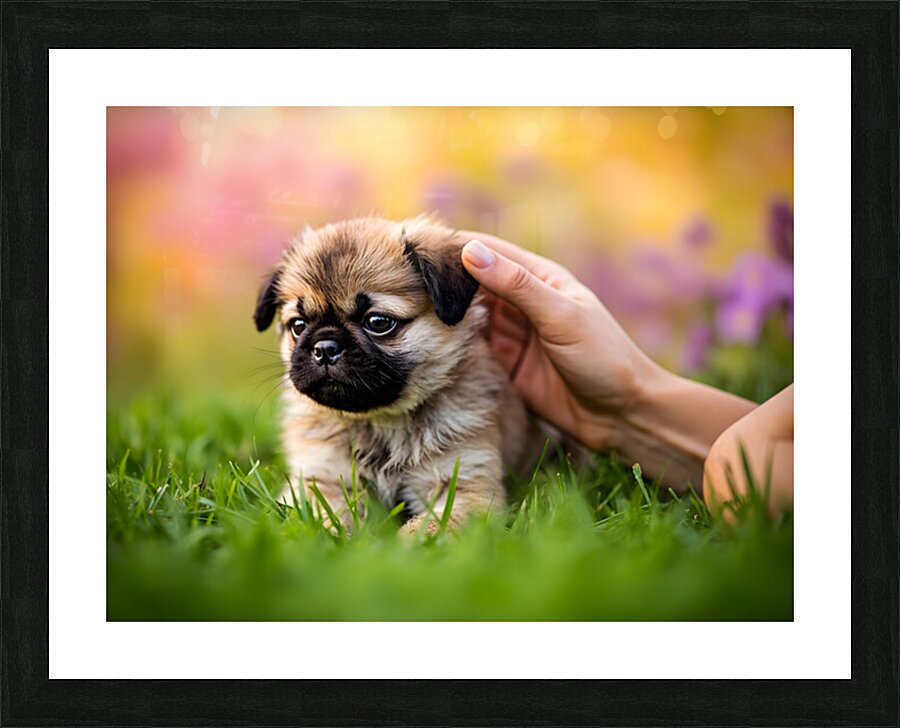 Pug Puppy Gets Gentle Ear Scratches In Garden Picture Frame print