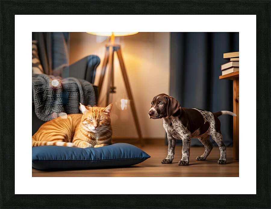 German Shorthaired Pointer Puppy Meets Sleepy Cat Picture Frame print