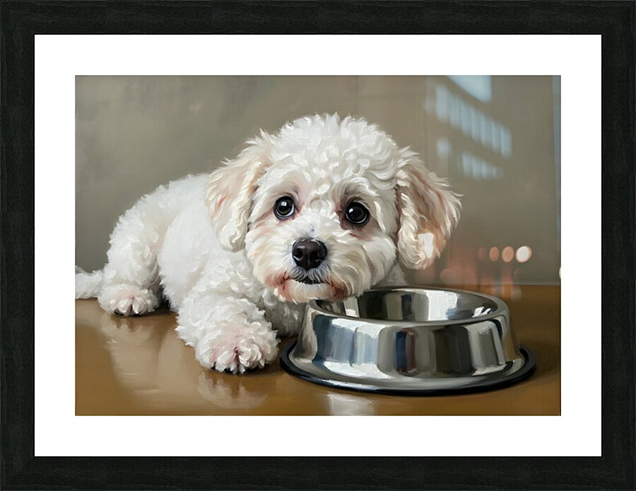 Patient Bichon Frise Puppy Waits By Food Bowl Picture Frame print