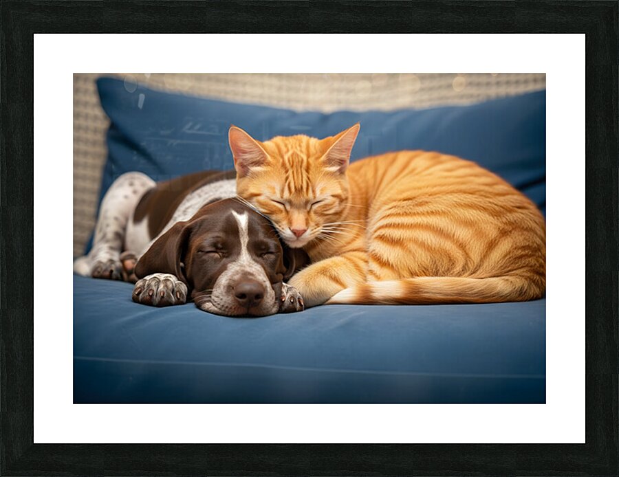 Puppy And Cat Snuggle Together Peacefully Picture Frame print