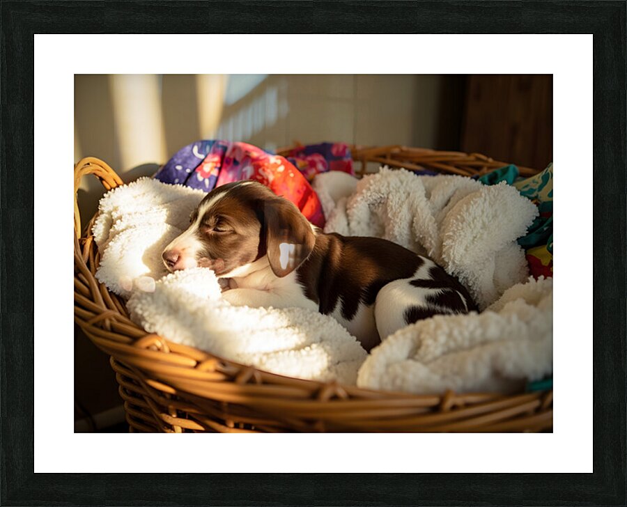 German Shorthaired Pointer Puppy Discovers Cozy Basket Picture Frame print