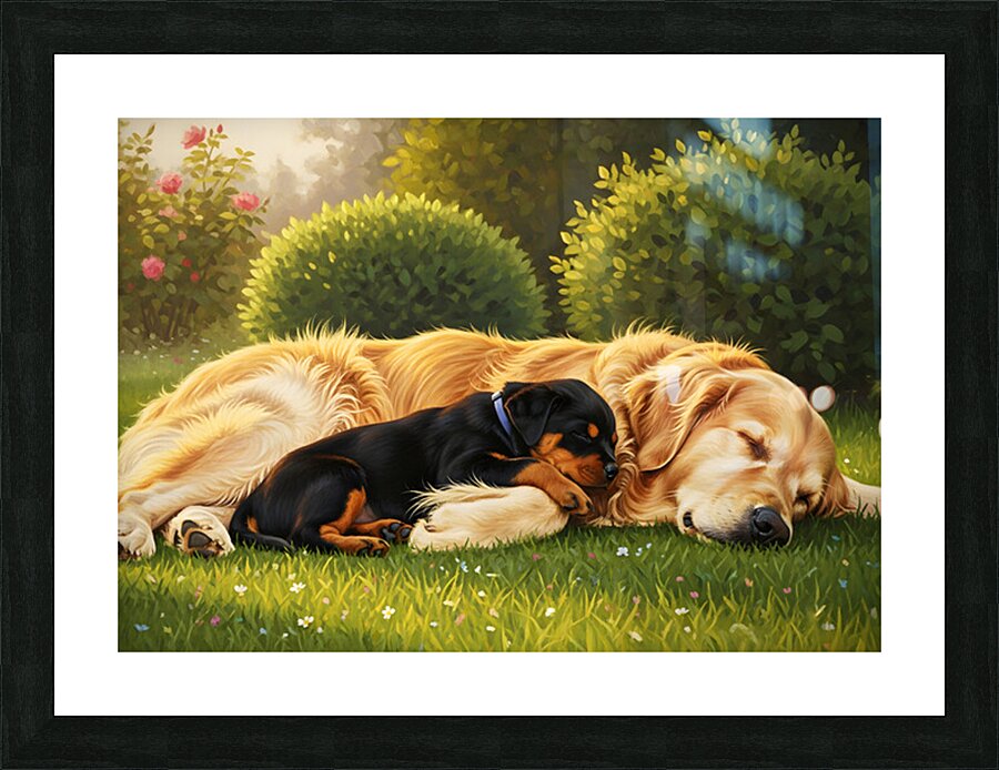 Sleepy Puppy Rests Safely Between Big Dogs Protective Paws Picture Frame print