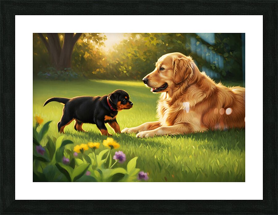 Rottweiler Puppy Meets Big Golden Friend In Garden Picture Frame print