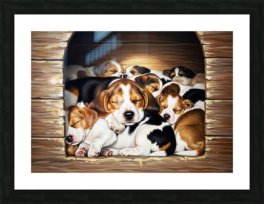 Beagle Puppy Sleeps Peacefully With Puppy Pile Picture Frame print