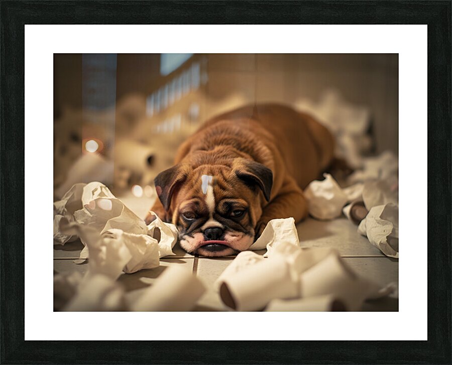 Exhausted Bulldog Puppy After Paper Battle Picture Frame print
