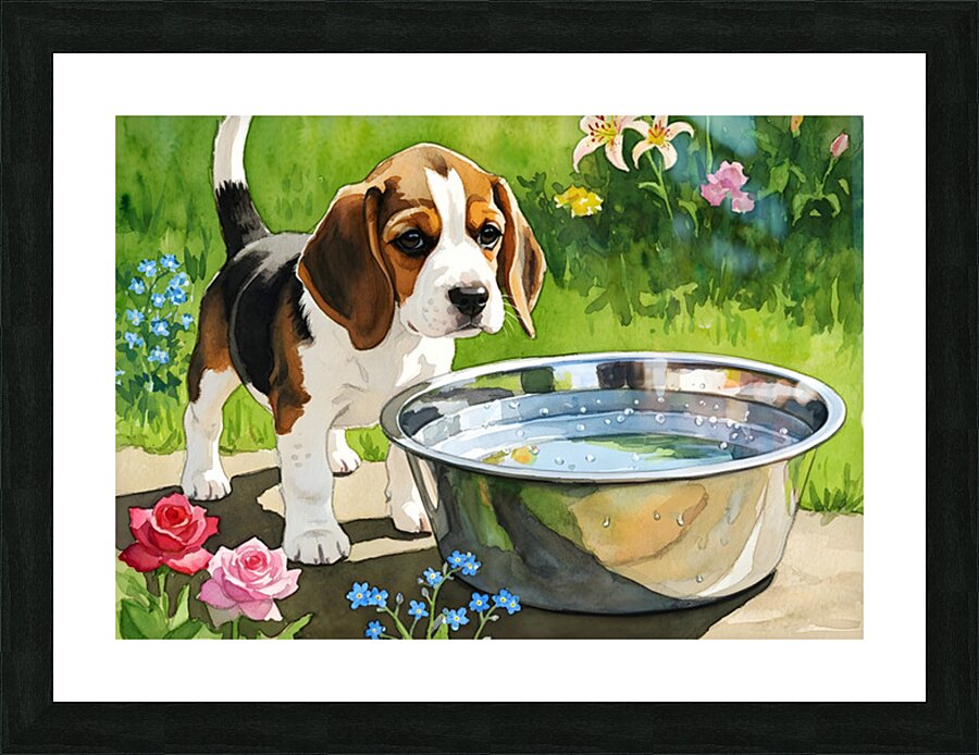Little Beagle Puppy Discovers Water Bowl Picture Frame print